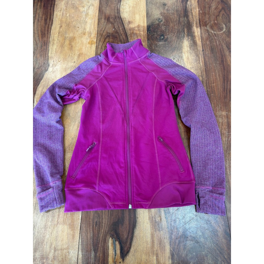 Ivivva full zip jacket girls 14 magenta purple herringbone sleeves thumbholes